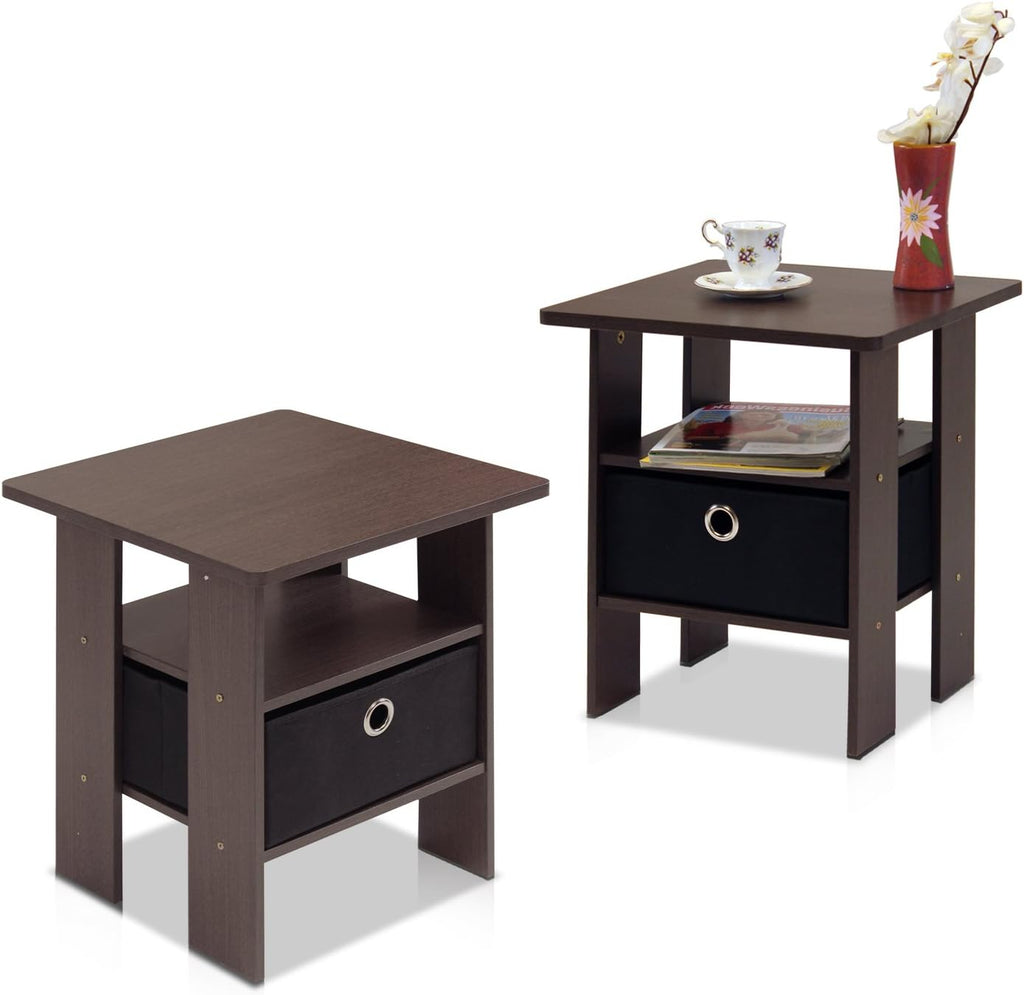Andrey Set of 2 End Table / Side Table / Night Stand / Bedside Table with Bin Drawer, Dark Brown/Black