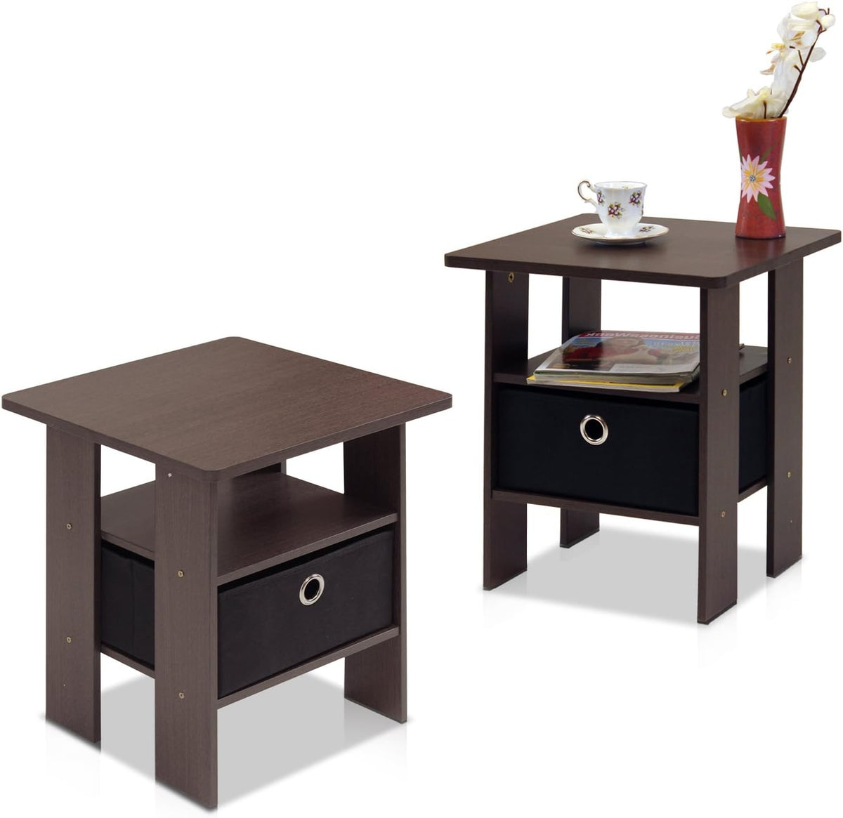Andrey Set of 2 End Table / Side Table / Night Stand / Bedside Table with Bin Drawer, Dark Brown/Black