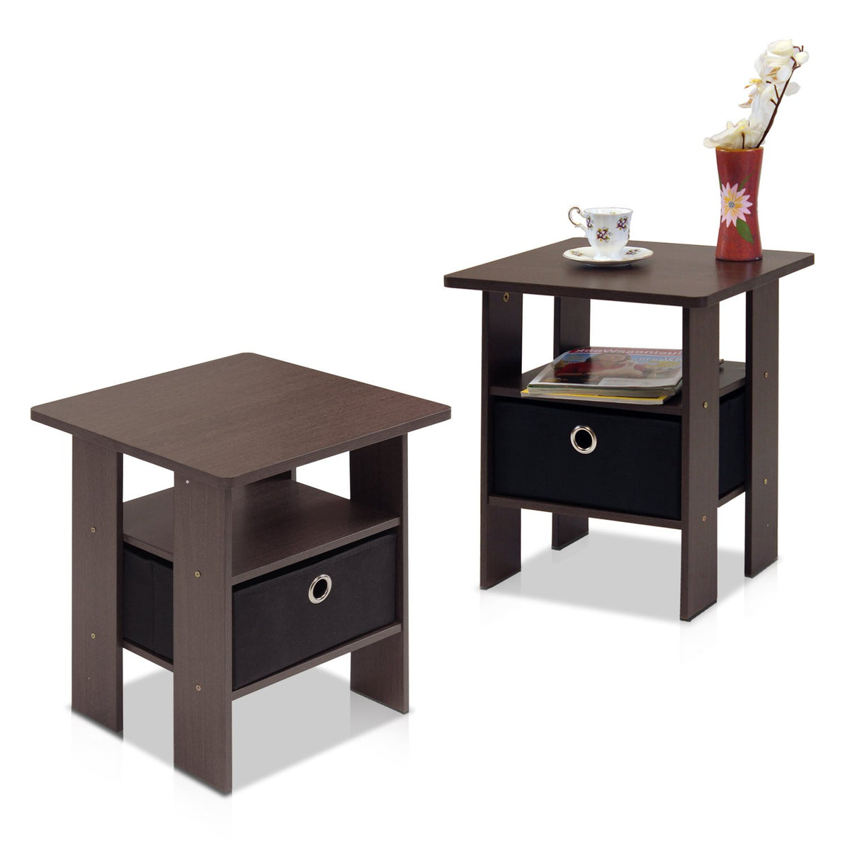 Andrey Set of 2 End Table / Side Table / Night Stand / Bedside Table with Bin Drawer, Columbia Walnut/Dark Brown