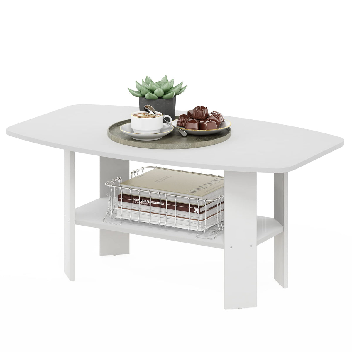 Basic 2-Tier Modern Coffee Table with Open Shelf, White
