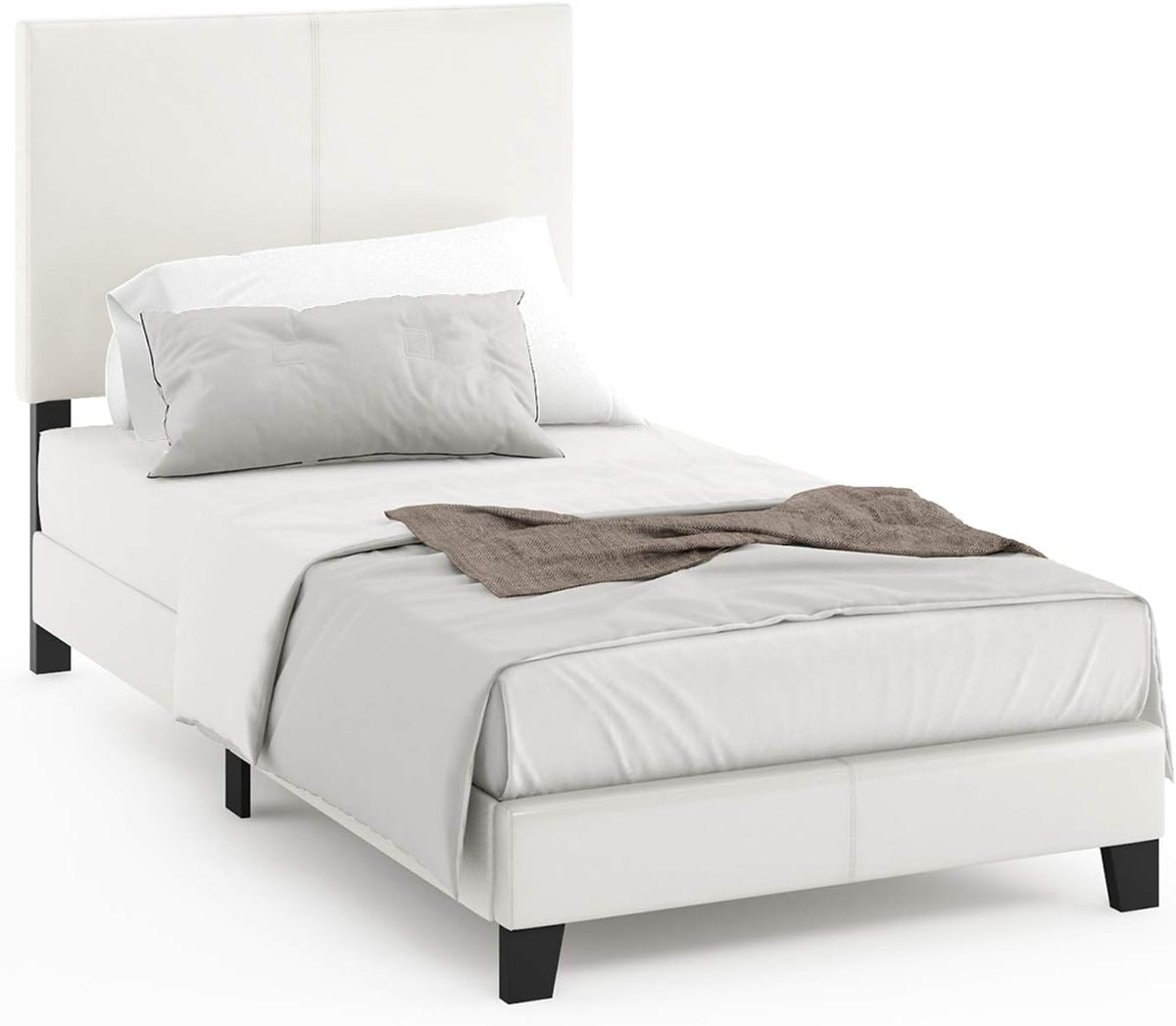 PESSAC Bed Frame, Twin Size Bedframe with PU Leather Upholstery Headboard, Bed with Legs, Wooden Slat Support, Easy Assembly, for Bedroom, Dorm, Plain White