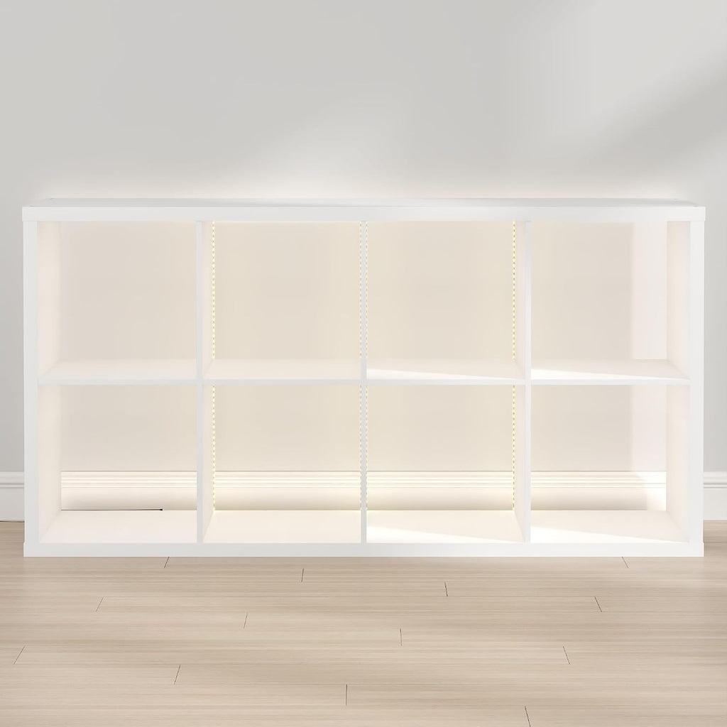 Cubicle Book Shelf with LED Lights, 8-Cube Bookshelf, Reversible Extra Thick Frame Bookcase, Display Storage Shelves, for Living Room, Bedroom, Home Office, White