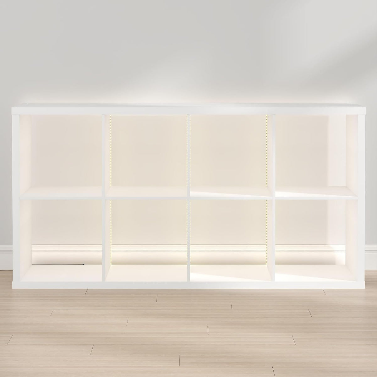 Cubicle Book Shelf with LED Lights, 8-Cube Bookshelf, Reversible Extra Thick Frame Bookcase, Display Storage Shelves, for Living Room, Bedroom, Home Office, White