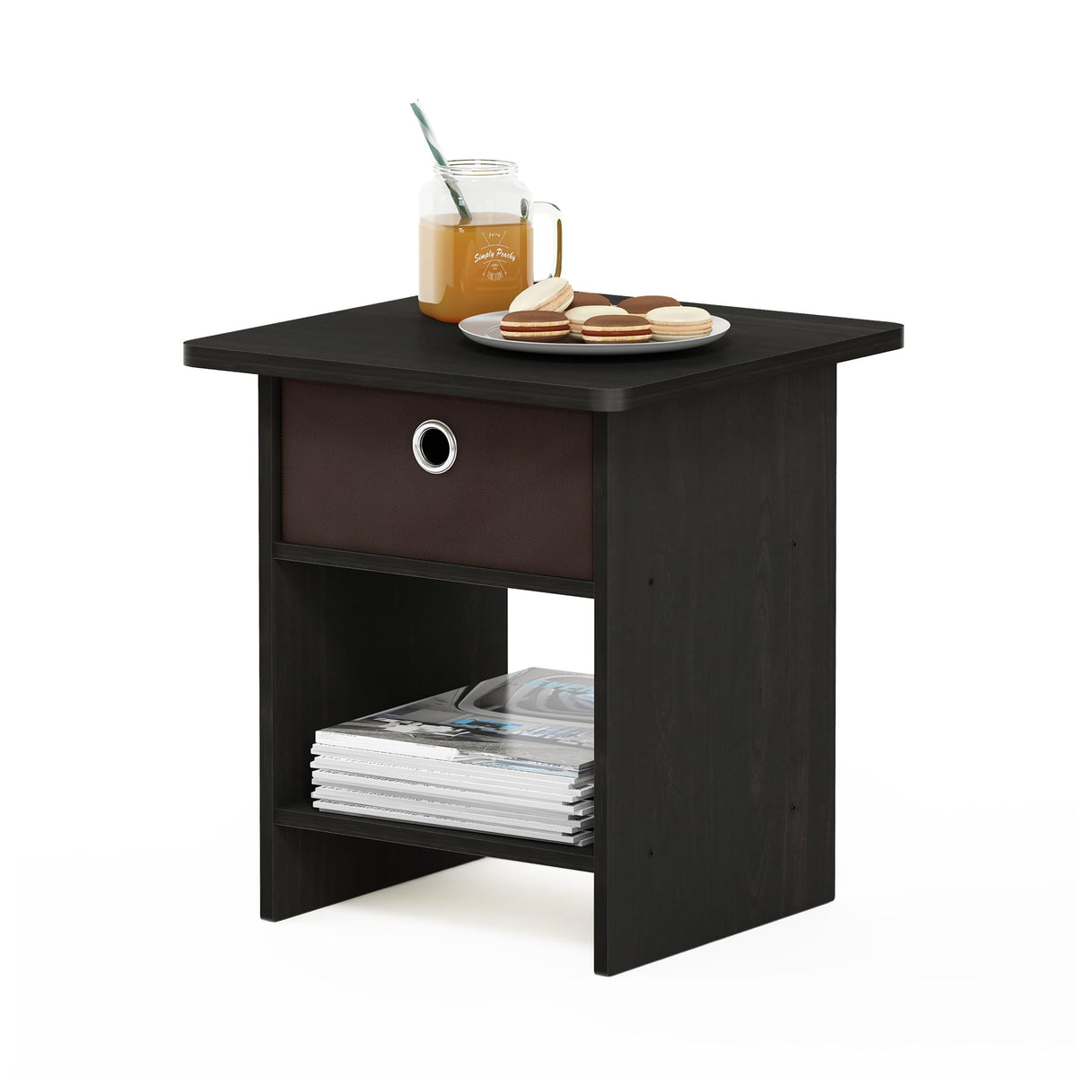 Andrey Set of 2 End Table / Side Table / Night Stand / Bedside Table with Bin Drawer, Dark Brown/Black