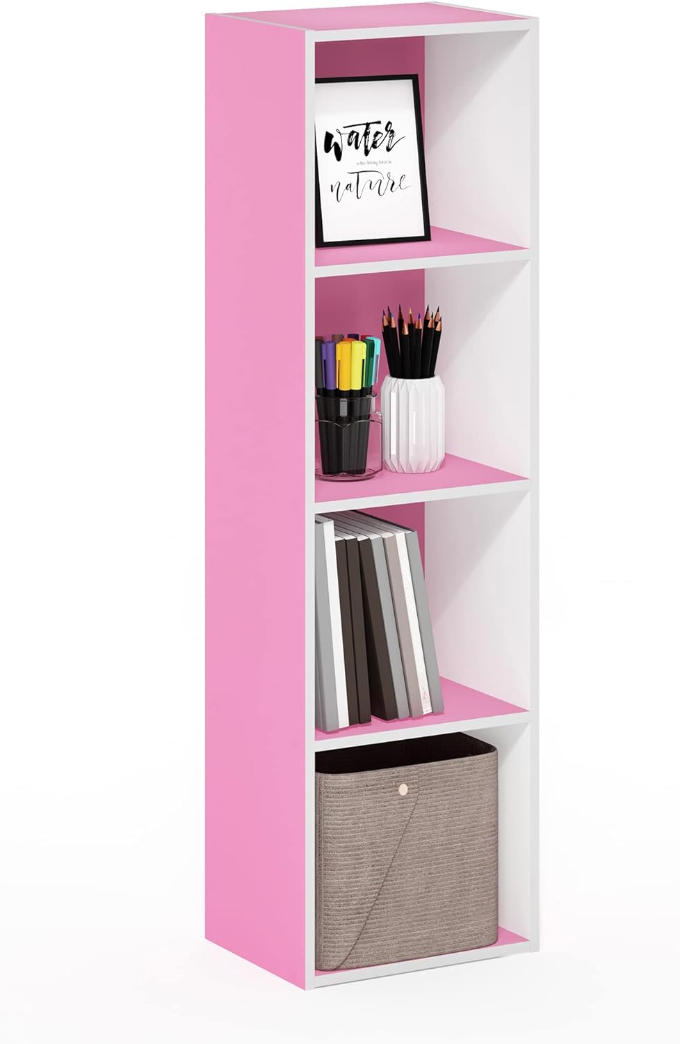 PASIR Book Shelf, 4-Tier Modern Bookshelf, Open Shelves Bookcase 9 x 12 x 42, Easy Assembly, for Living Room, Bedroom, Home Office, Pink/White