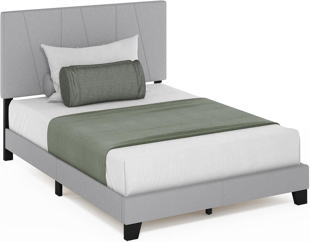 Lucy Bed Frame, Full Size Bedframe with Geometric Design Upholstered Headboard, Bed with Adjustable Headboard, No Box Spring Needed, 12pcs Wooden Slat Support, for Bedroom, Dorm, Glacier