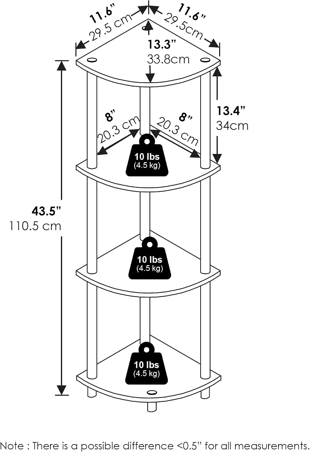 TURN-N-TUBE Corner Shelf, 4-Tier Corner Bookshelf, Display Storage Shelves with Open Shelves, for Organization and Storage, Living Room, Home Office, Garage, Columbia Walnut