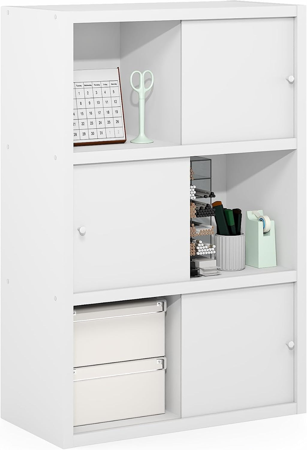 Cubicle 6-Cube Book Shelf with Sliding Doors, White