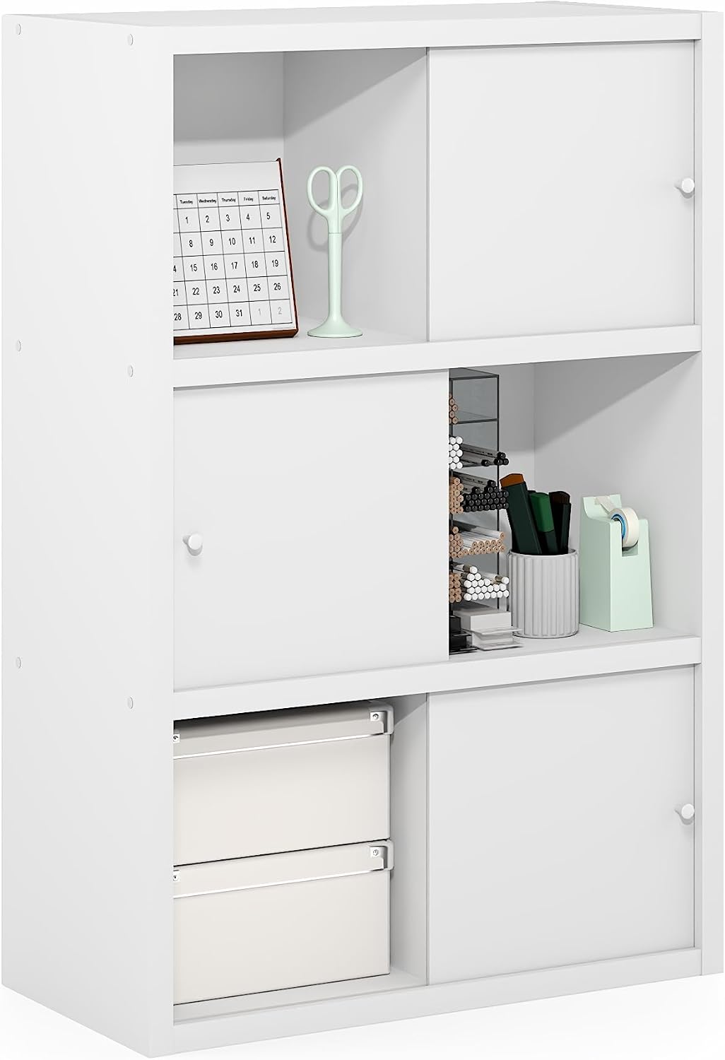 Cubicle 6-Cube Book Shelf with Sliding Doors, White