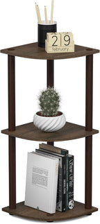 Turn-N-Tube Toolless Assembly 3-Tier Corner Shelf, Black Corner Book Shelf, Open Shelves Bookshelf, for Organization and Storage, Living Room, Home Office, Bedroom, Black Walnut