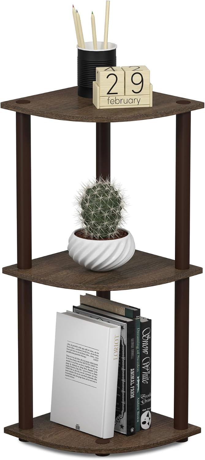 Turn-N-Tube Toolless Assembly 3-Tier Corner Shelf, Black Corner Book Shelf, Open Shelves Bookshelf, for Organization and Storage, Living Room, Home Office, Bedroom, Black Walnut