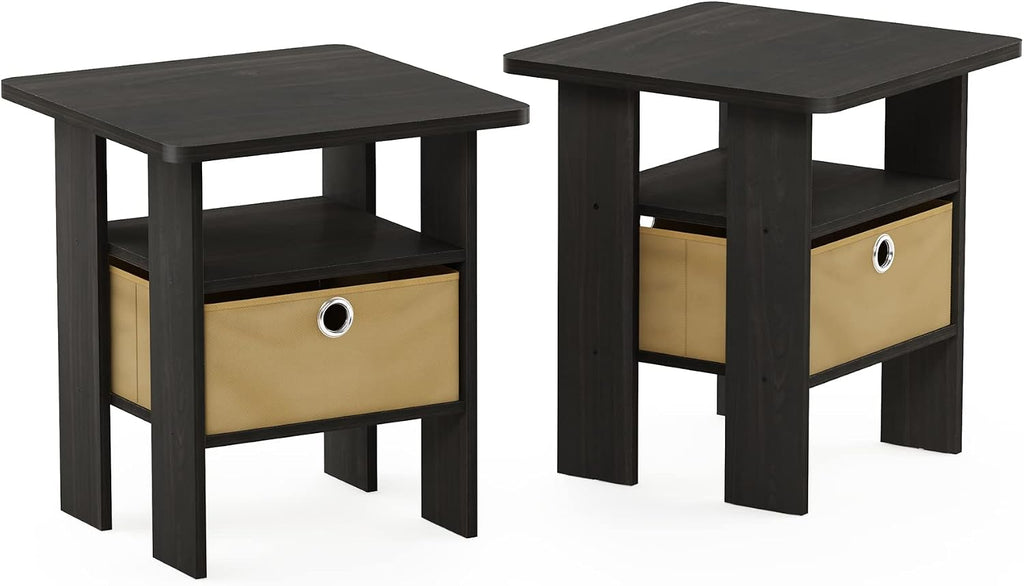 Andrey Set of 2 End / Side Table / Night Stand / Bedside Table with Bin Drawer, Espresso