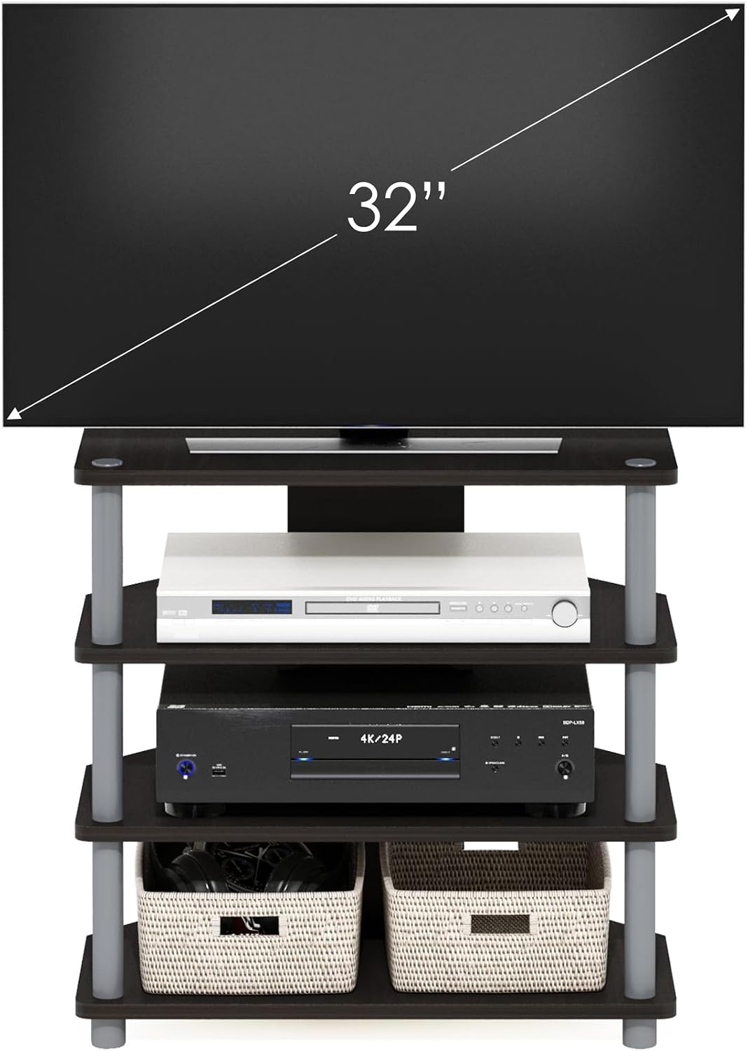 Turn-N-Tube Easy Assembly 4-Tier Petite Entertainment Center / TV Stand / TV Unit / TV Desk, Espresso/Grey