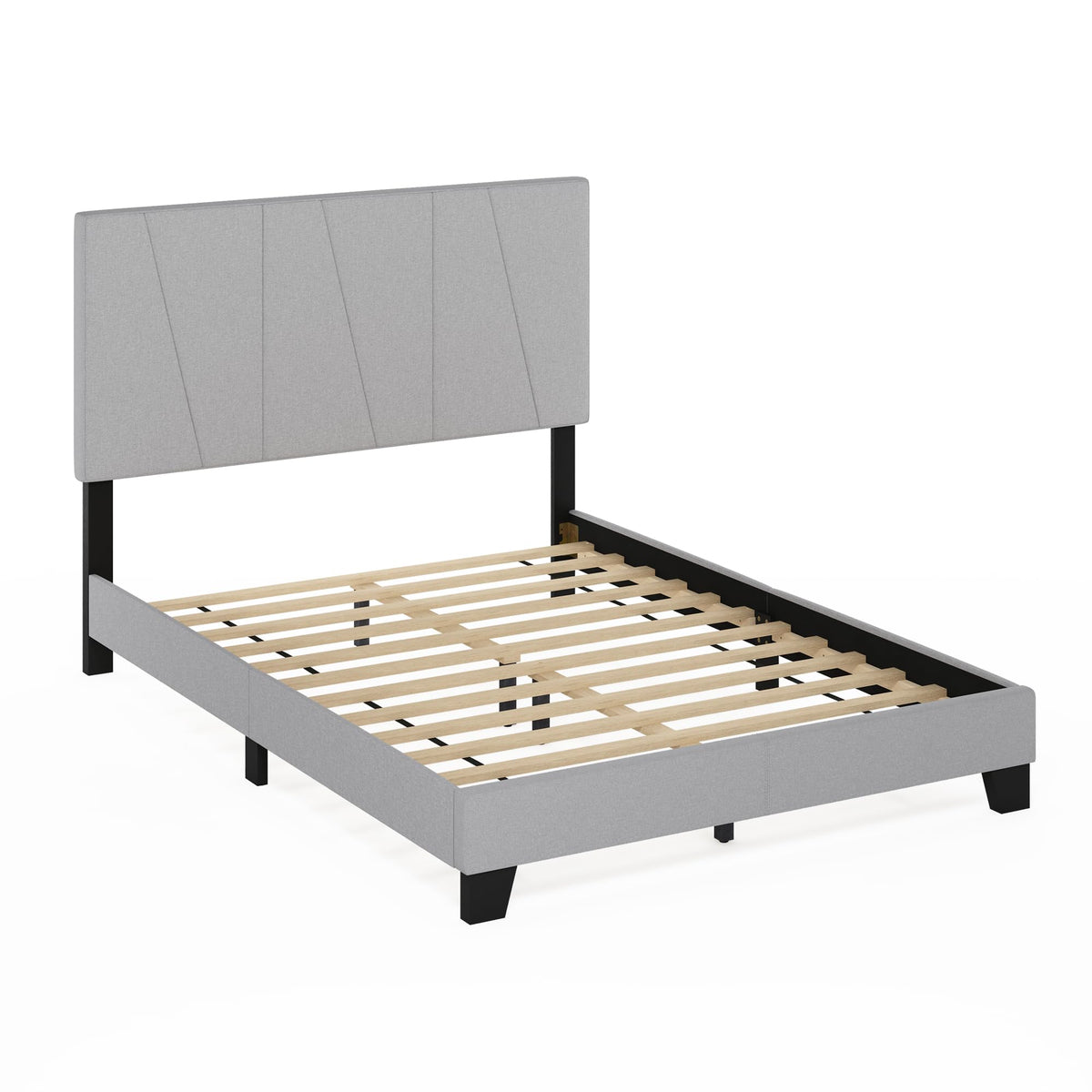Skylar Full Size Bed Frame with Geometric Design Upholstered Headboard, Bedframe with Adjustable Headboard, No Box Spring Needed, 12pcs Wooden Slat Support, for Bedroom, Dorm, Light Grey