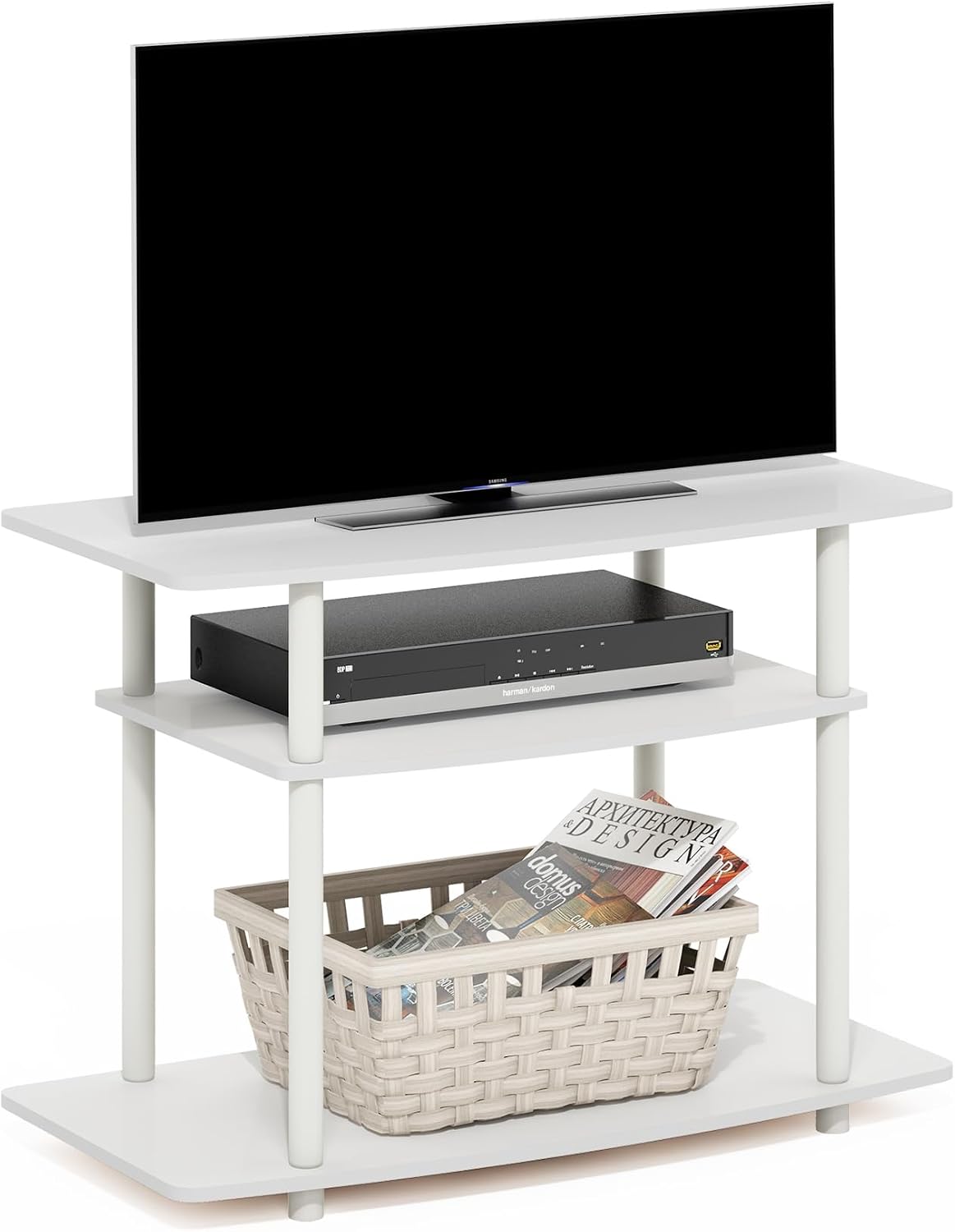 Turn-N-Tube TV Stand, 3-Tier No Tools Entertainment Center, TV Console for TV up to 32 Inch, for Living Room, Bedroom, White