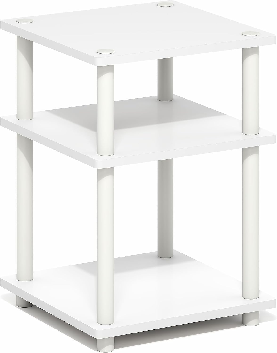 Turn-N-Tube Toolless Assembly Side Table, White 3-Tier End Table, Night Stand, Bedside Table for Living Room, Bedroom, Home Office, Plain White/White