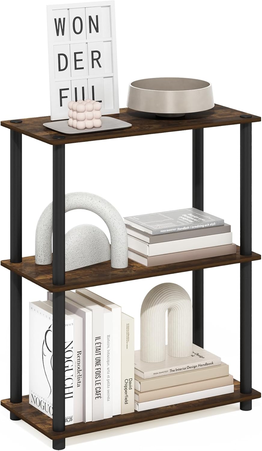 Turn-N-Tube Storage Shelves, 3-Tier Book Shelf, Corner Shelf, Toolless Open Shelves, for Organization and Storage, Living Room, Bedroom, Entryway, Laundry, Amber Oak