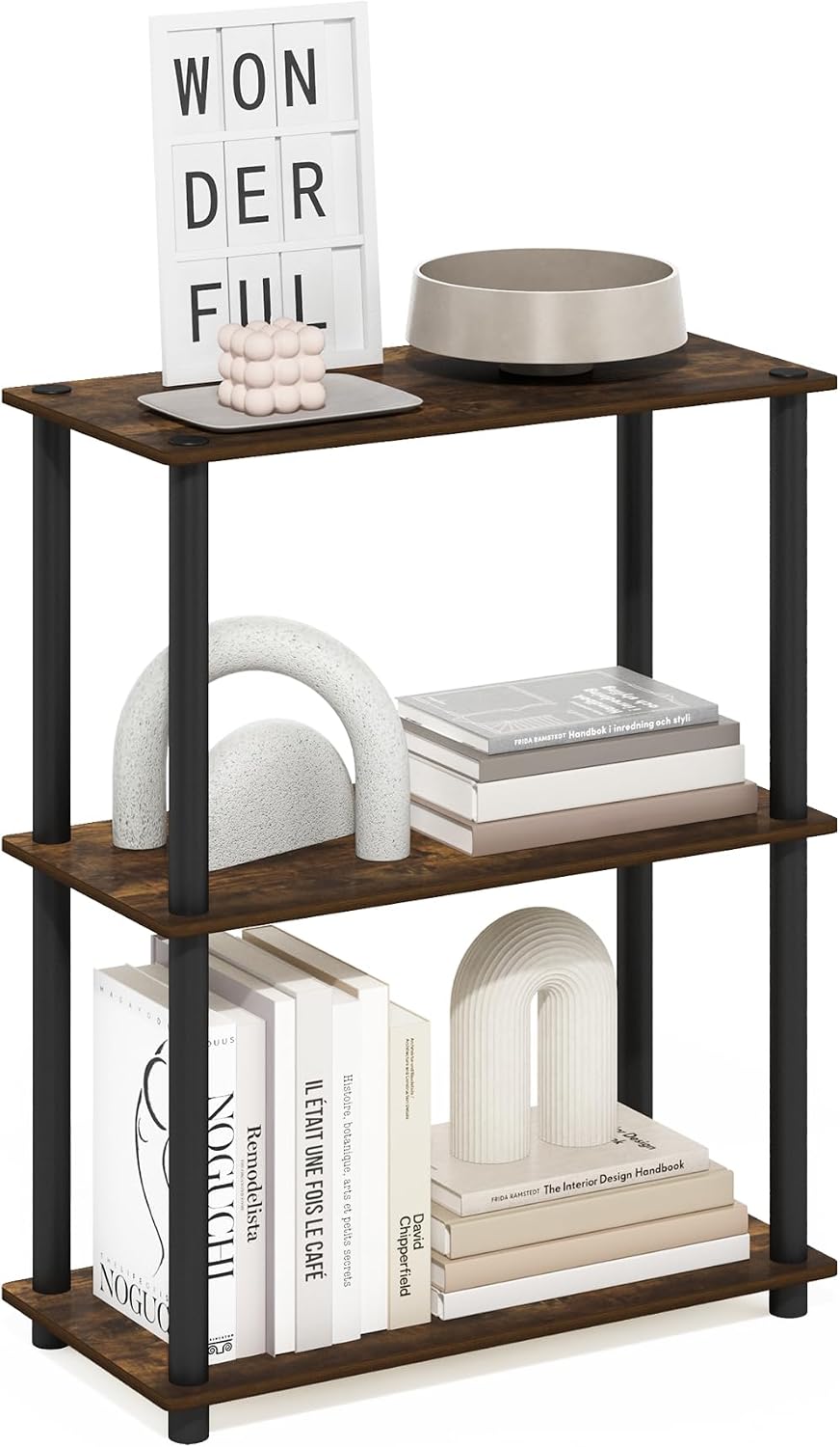 Turn-N-Tube Toolless Assembly Storage Shelves, 3-Tier Rustic Brown Book Shelf, Open Storage Bookshelf, for Organization and Storage, Living Room, Home Office, Bedroom, Amber Oak