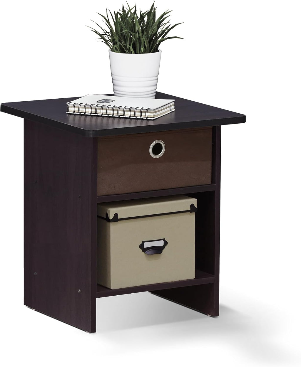 Dario Side Table with Bin Drawer, Black End Table with Open Shelves, Night Stand, Bedside Table for Living Room, Bedroom, Home Office, Dark Mocha