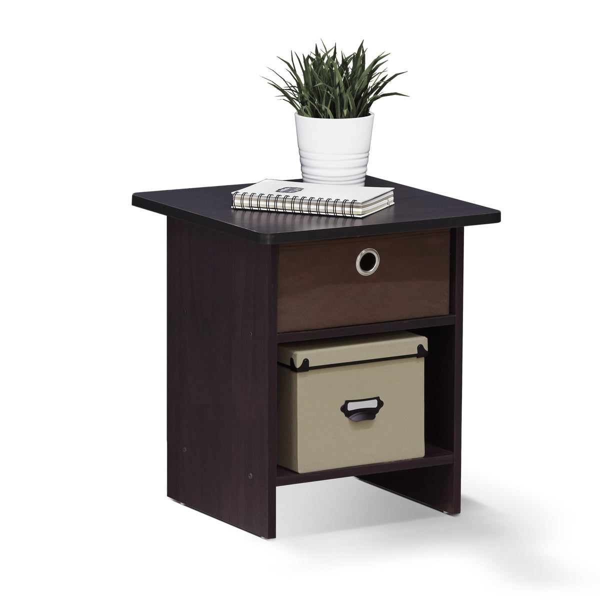 Andrey Set of 2 End Table / Side Table / Night Stand / Bedside Table with Bin Drawer, Dark Brown/Black
