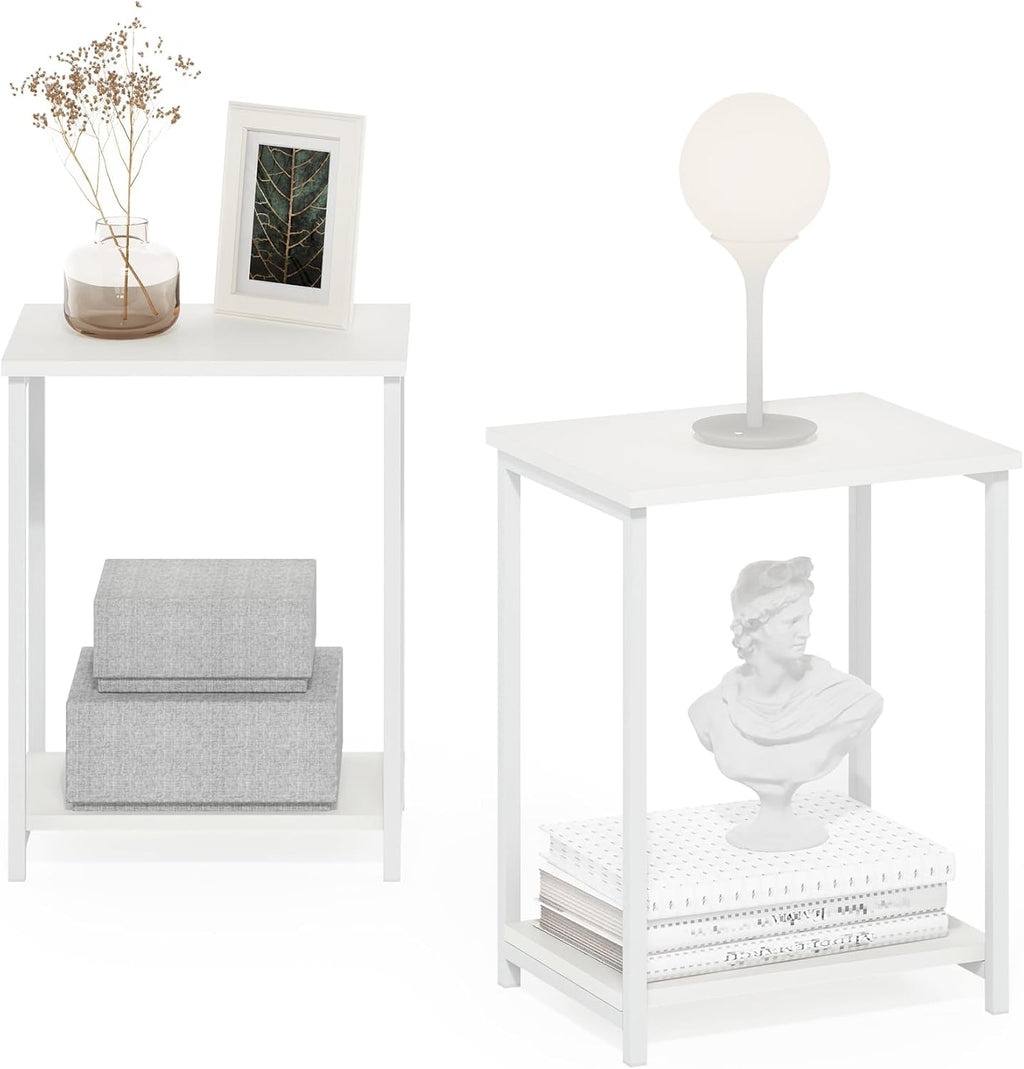 Simplistic Side Table Set of 2, 2-Tier Modern Metal Frame End Table with Open Shelf, Night Stand, Bedside Table, Easy Assembly, for Living Room, Bedroom, White