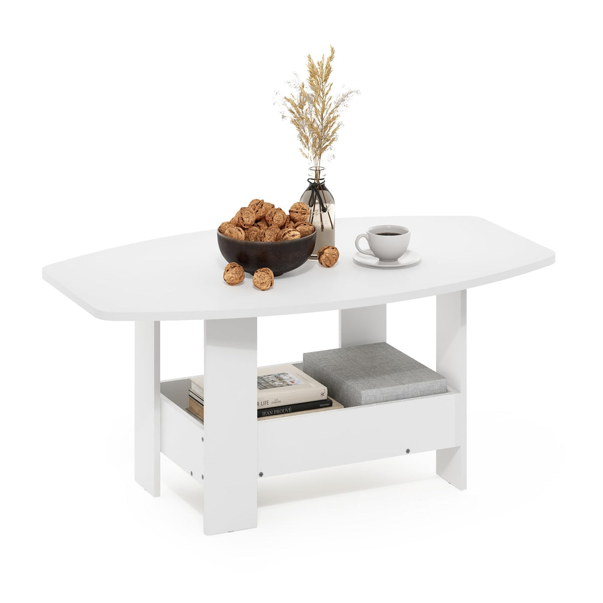 Basic 2-Tier Modern Coffee Table with Open Shelf, White