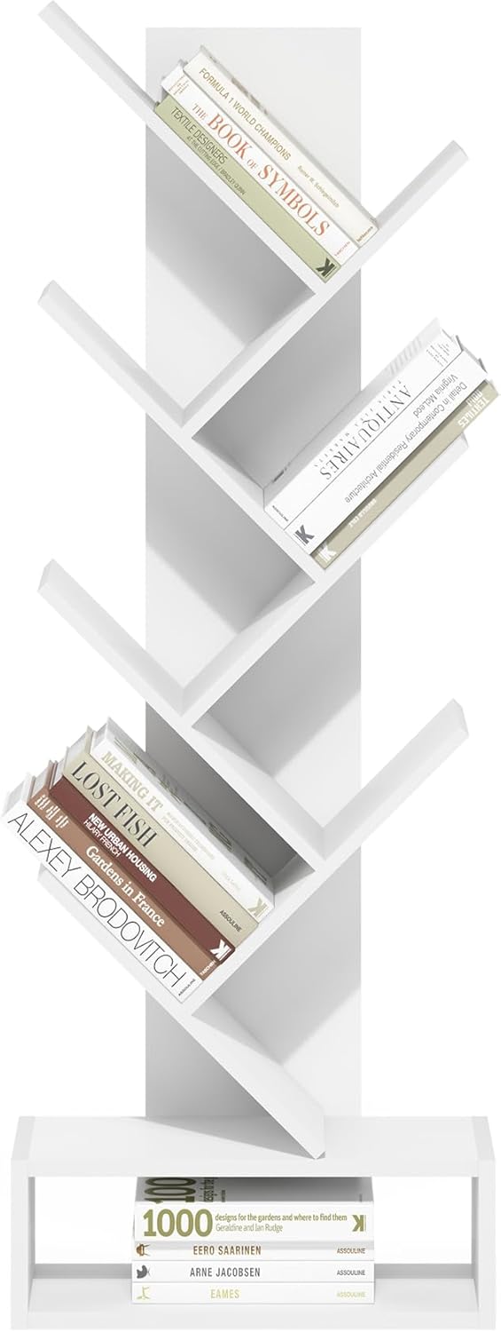 Tree Book Shelf, 7-Tier Bookshelf, Tree Bookcase with Bottom Shelf, 8.4 x 16.9 x 46.2, for Living Room, Bedroom, Home Office, White