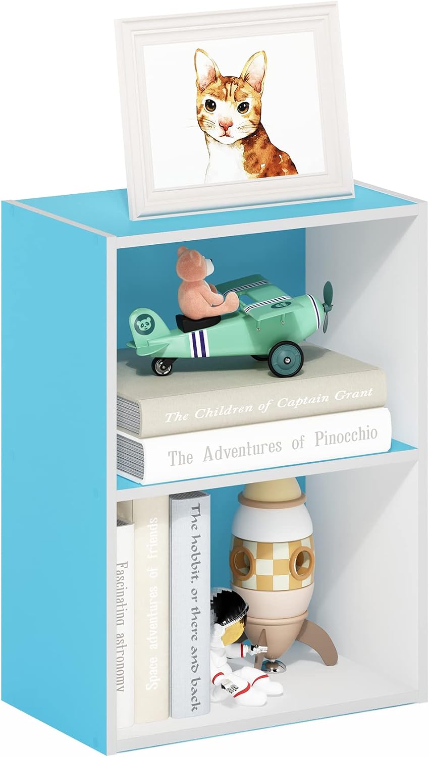 LUDER 2-Tier Book Shelf, Open Shelves Bookshelf, Light Blue/White