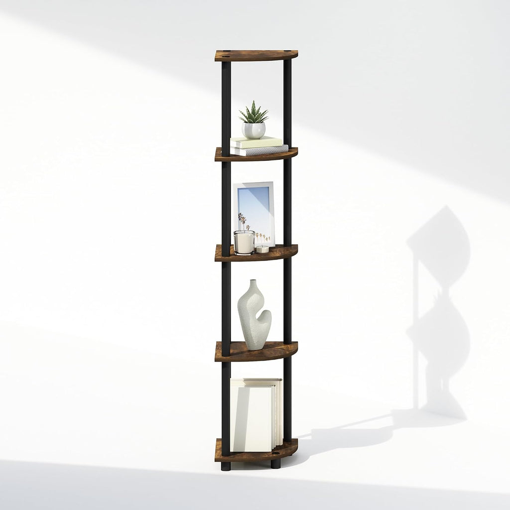 Turn-N-Tube Storage Shelves, 5-Tier Book Shelf, Corner Shelf with Open Shelves, Toollesss Assembly, for Organization and Storage, Living Room, Home Office, Hallway, Bedroom, Amber Oak
