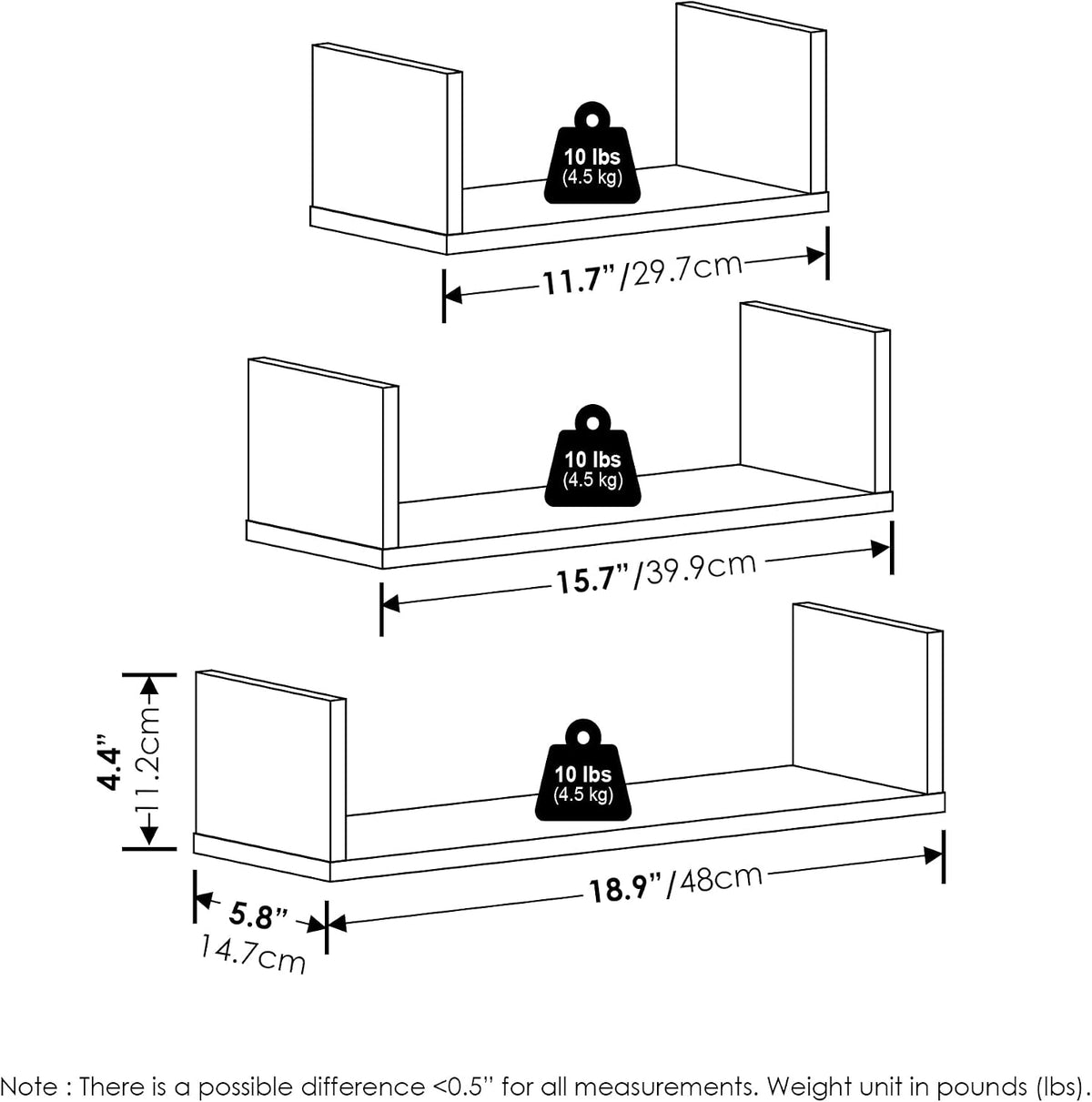 Rossi Floating Shelves for Wall Set of 3, Wall Shelf, Wall Mounted Shelves for Bathroom, Home Office, Living Room, Black Espresso