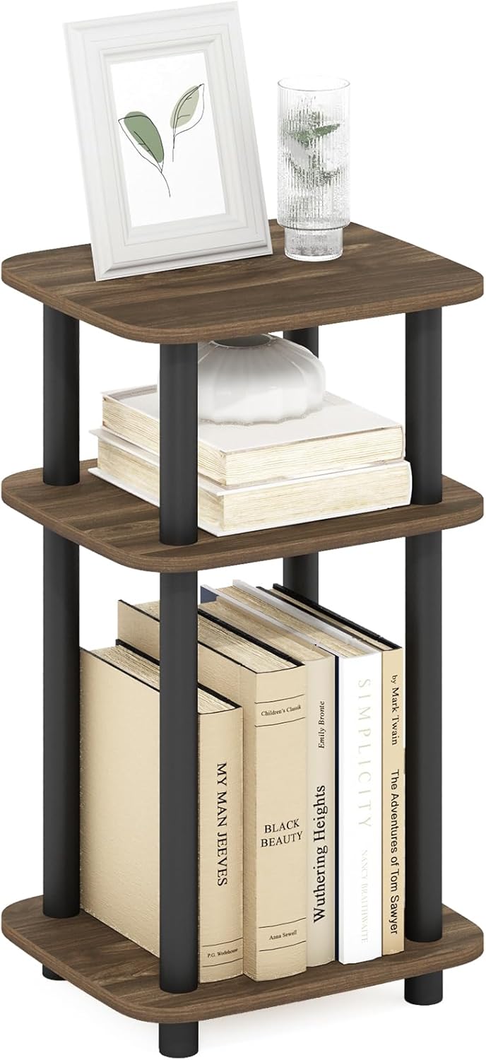 Turn-N-Tube Toolless 3-Tier Side Table, End Table, Brown Walnut