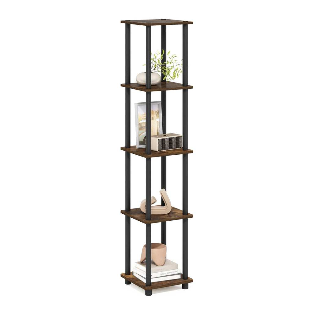 Turn-N-Tube Book Shelf, 5-Tier Square Open Frame Display Shelf, Corner Storage Shelves with Storage Bin, Shelving Unit, for Organization and Storage, Living Room, Garage, Home Office, Black