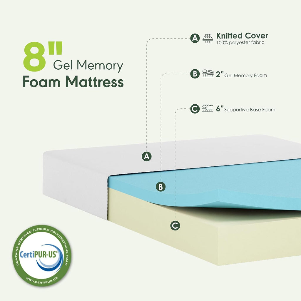 Tidur Cooling Gel Memory Foam Mattress, 8 Inch, Full, White