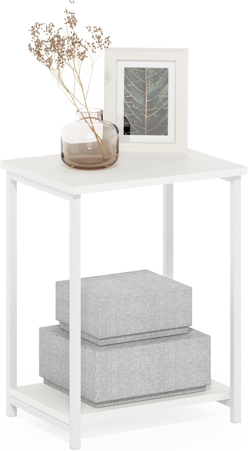 Simplistic Side Table, 2-Tier Metal Frame Modern End Table with Open Shelf, Night Stand, Bedside Table, for Living Room, Bedroom, White