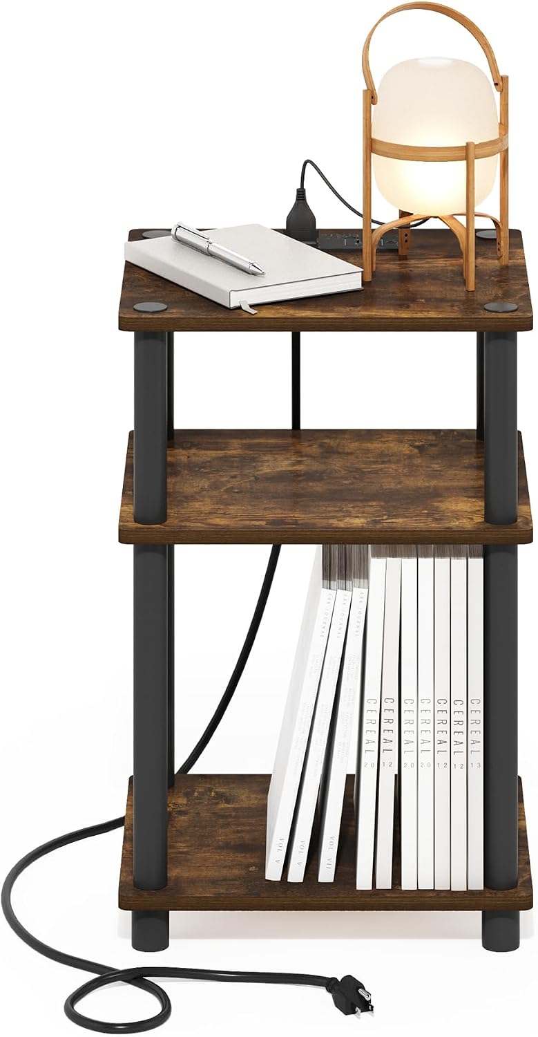 JUST Side Table, 3-Tier Modern End Table with Charging Station, Easy Assembly Night Stand, Bedside Table with USB and Type-C Port, for Living Room, Bedroom, Amber Pine