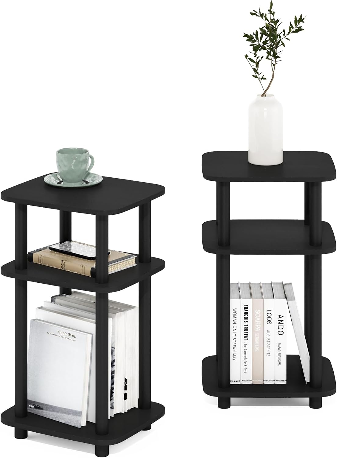 JUST 3-Tier Telephone Table Set of 2, Turn-N-Tube Toolless Side Table with Open Shelf, Round Curve Corner Night Stand, Bedside Table, for Living Room, Bedroom, Americano