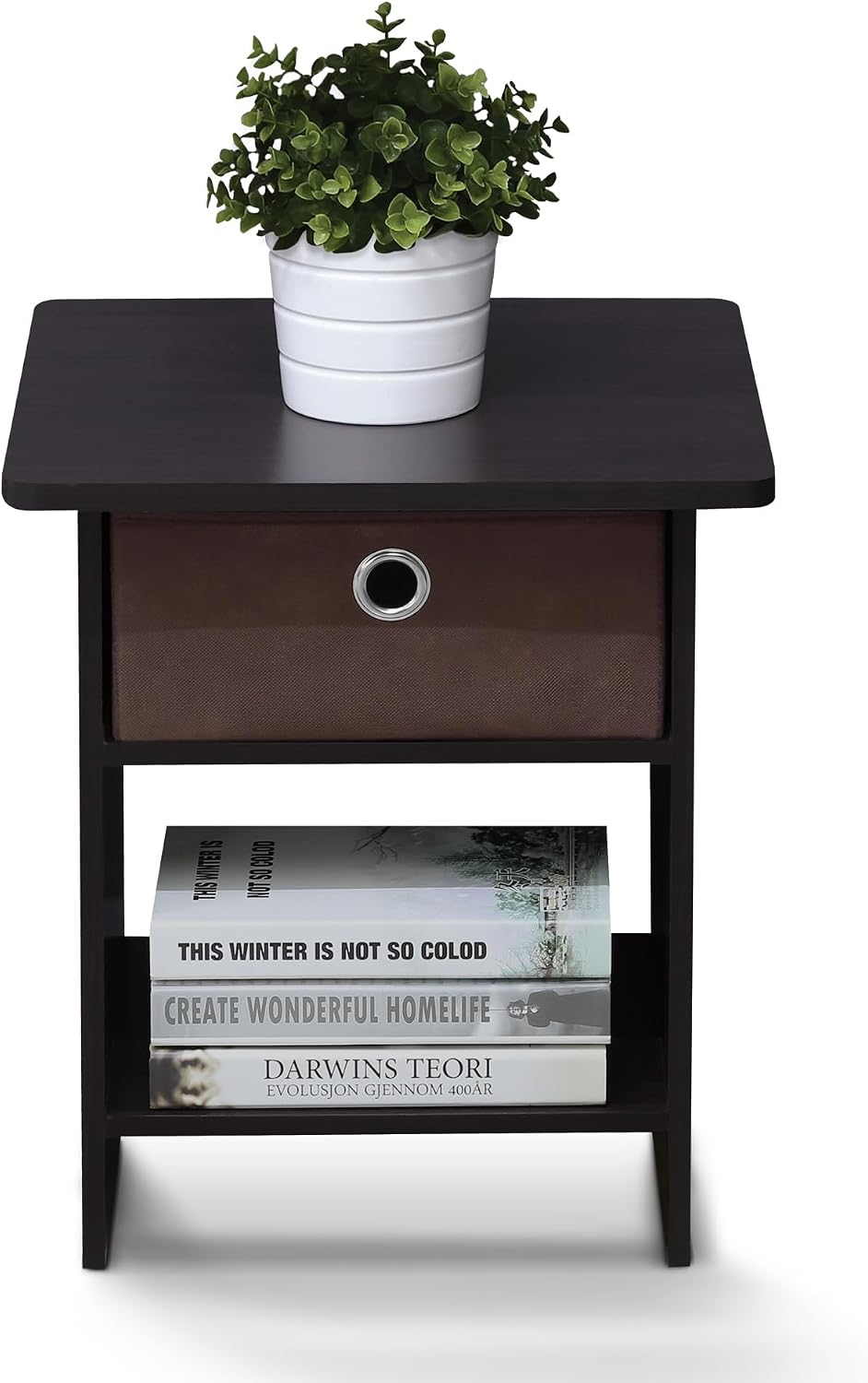 Dario Side Table with Bin Drawer, Black End Table with Open Shelves, Night Stand, Bedside Table for Living Room, Bedroom, Home Office, Dark Mocha