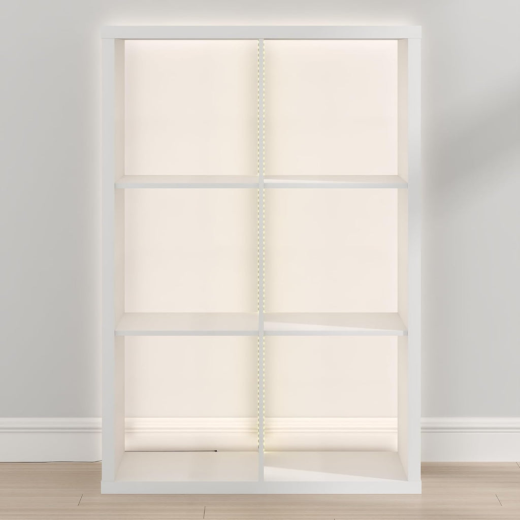 Cubicle Book Shelf with LED Lights, 6-Cube Bookshelf, Reversible Extra Thick Frame Bookcase, Display Storage Shelves, for Living Room, Bedroom, Home Office, White