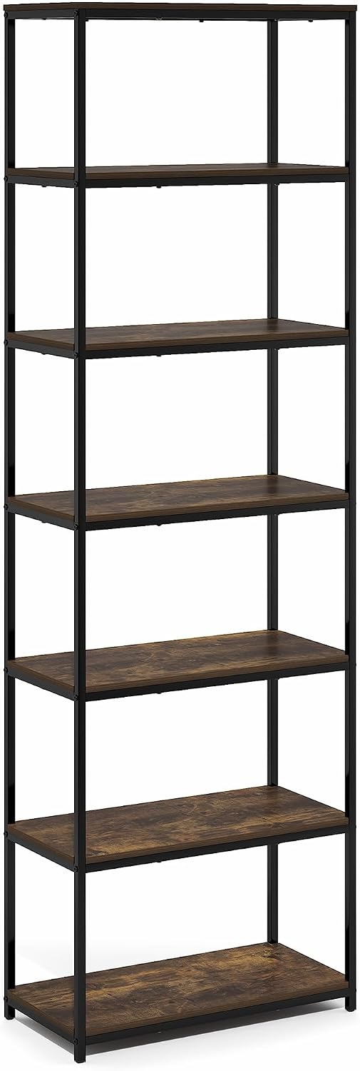 Simplistic Book Shelf, 7-Tier Bookshelf, Metal Frame Bookcases, Metal Storage Shelves, Storage and Organization, 11.8 x 23.6 x 74.9, for Living Room, Home Office, Bedroom, Amber Pine