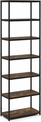 Simplistic Book Shelf, 7-Tier Bookshelf, Metal Frame Bookcases, Metal Storage Shelves, Storage and Organization, 11.8 x 23.6 x 74.9, for Living Room, Home Office, Bedroom, Amber Pine