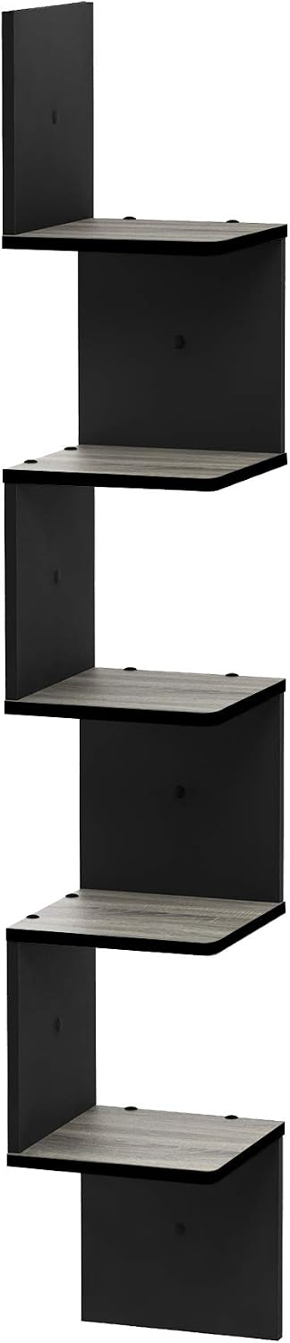 ROSSI Corner Floating Shelves for Wall, 5-Tier Corner Square Wall Shelf, S-shape Radial Floating Book Shelf, Easy Assembly, for Bathroom, Bedroom, Living Room, French Oak
