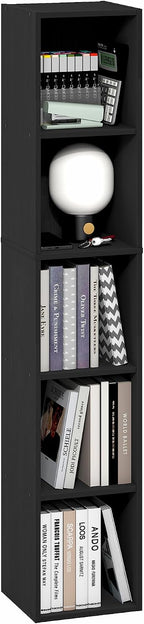 Fulda Book Shelf, 5-Tier Tall Narrow Bookshelf, Standing Bookcase with 10-in Width Storage Shelf, 9.3 x 9.8 x 51.9, for Organization Storage, for Living Room, Bedroom, Home Office, Blackwood