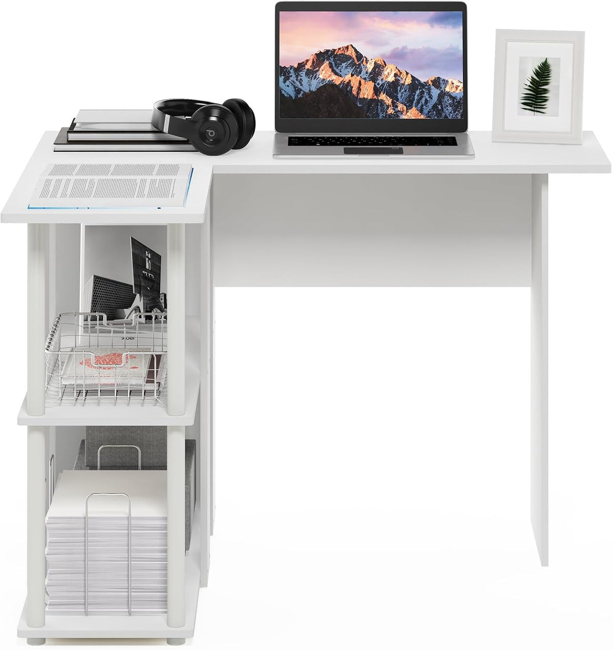 Abbott L-Shape Desk with Bookshelf, 41.14 (W) x 28.94 (H) x 34.45 (D) inches, White/White