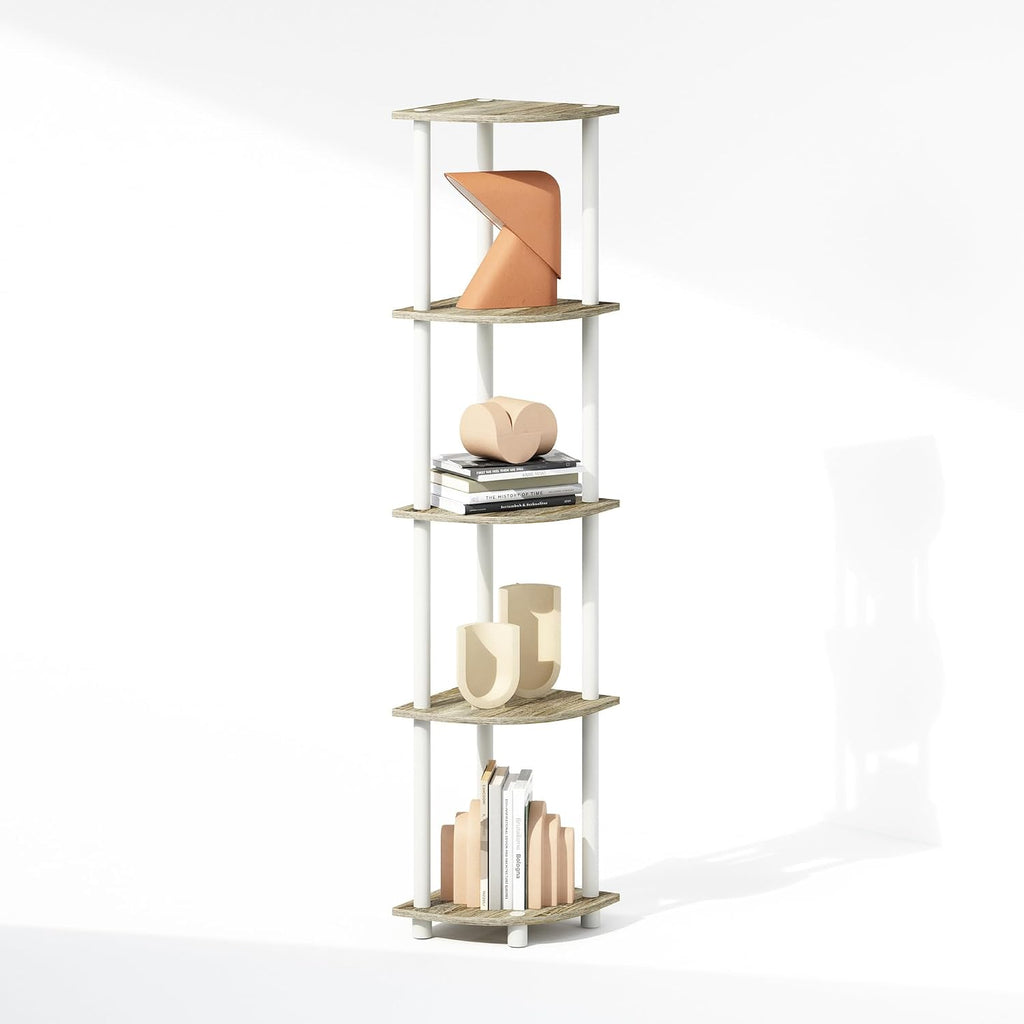 Turn-N-Tube Storage Shelves, 5-Tier Book Shelf, Corner Shelf with Open Shelves, Toollesss Assembly, for Organization and Storage, Living Room, Home Office, Hallway, Bedroom, Light Oak