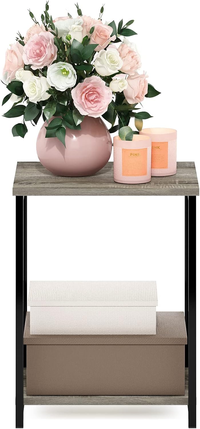 Simplistic 2-Tier Side Table, Metal Frame End Table, Grey Oak