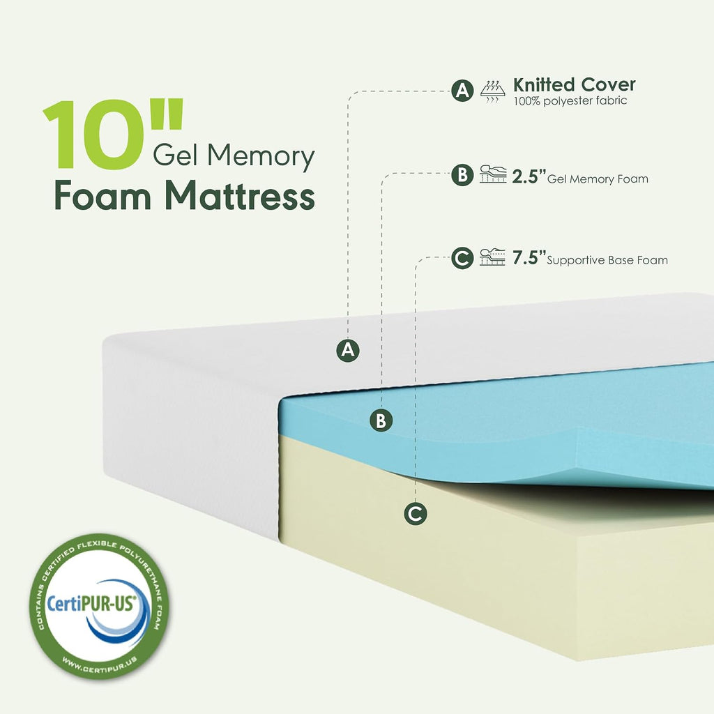 Tidur Cooling Gel Memory Foam Mattress, 10 Inch, Full, White