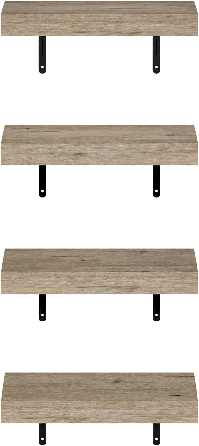 Tanna Floating Shelves for Wall Set of 4, 15-Inch Wall Shelf, Wall Mounted Shelf, for Bathroom, Home Office, Living Room, Natural
