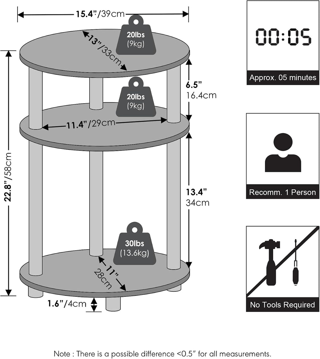 Turn-N-Tube 3-Tier Oval Night Stand, Toolless Assembly Narrow Nightstand, Modern Compact Side Table, End Table, for Living Room, Bedroom, Espresso