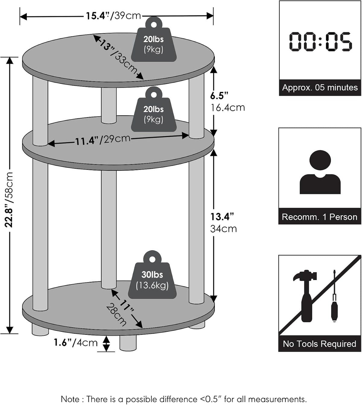 Turn-N-Tube 3-Tier Oval Night Stand, Toolless Assembly Narrow Nightstand, Modern Compact Side Table, End Table, for Living Room, Bedroom, Espresso
