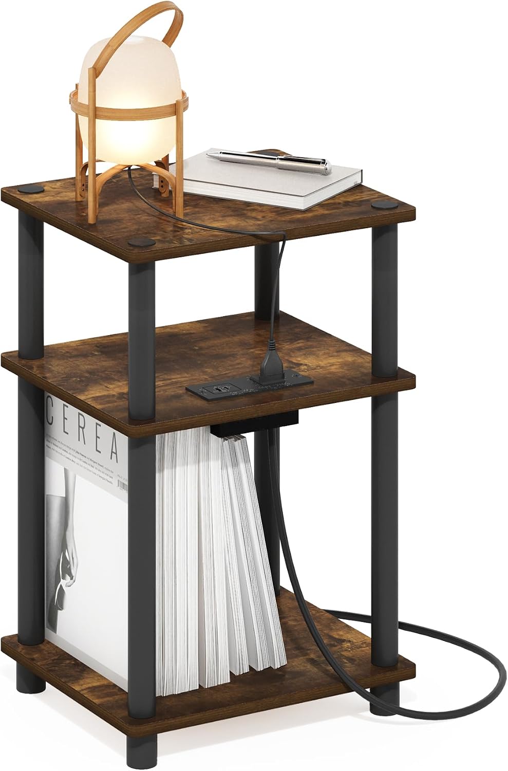 JUST Side Table, 3-Tier Modern End Table with Charging Station, Easy Assembly Night Stand, Bedside Table with USB and Type-C Port, for Living Room, Bedroom, Amber Pine